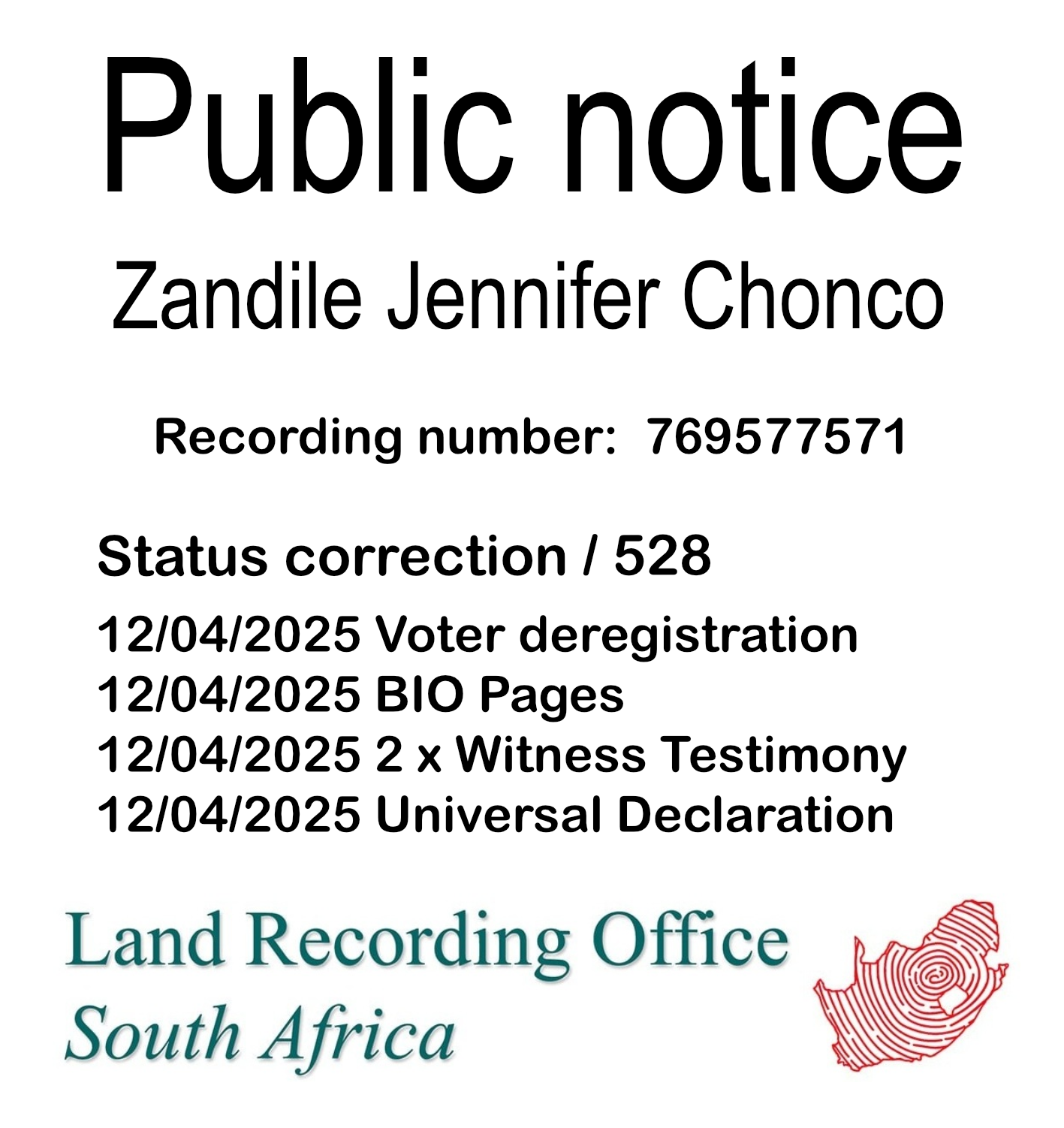 Public Notice Zandile Jennifer Chonco (c) Recording number 769577571